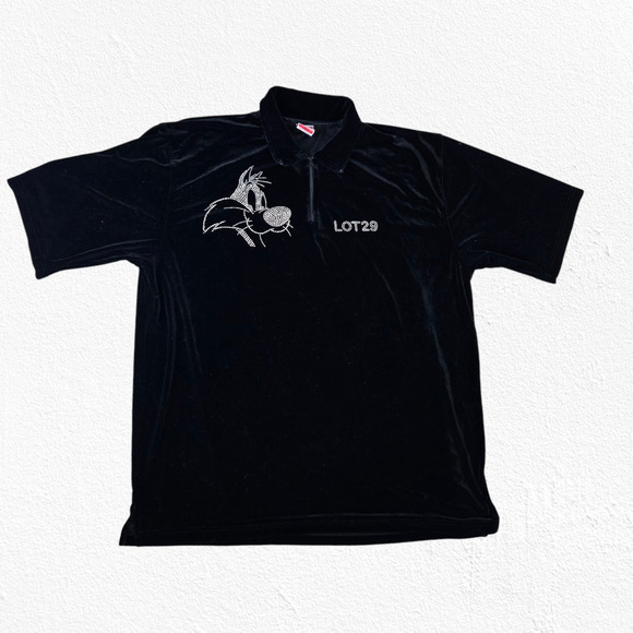 Y2K Vintage Lot 29 Black Looney Toons Velour Sylvester Rhinestone Polo Size 3XL - Picture 1 of 7